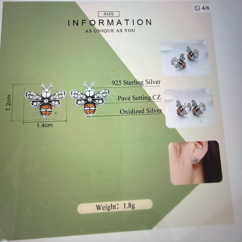 Sterling Silver Bee Earrings with Orange and Silver Accents - Picture 4 of 5